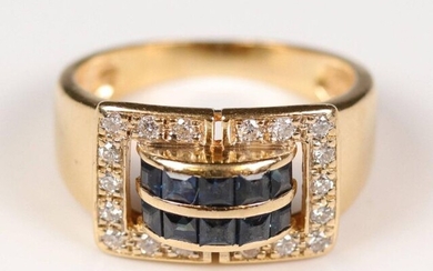 Yellow gold (750) tank ring adorned in the centre with a double line of calibrated sapphires in a paved diamond surround. TD: 52, Gross weight: 4.73 gr.