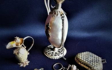 pamoison bottle, salt bottle, perfume bottle, wallet (5) - Napoleon III - Brass, Mother of pearl, Silver plated, gold metal - 19th century