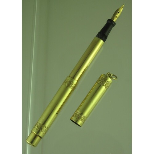 yellow metal telescopic fountain pen with 14ct gold nib stam...