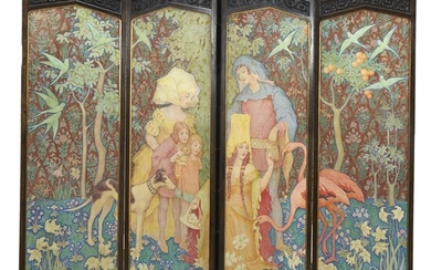 An Arts & Crafts style figural painted wood screen...