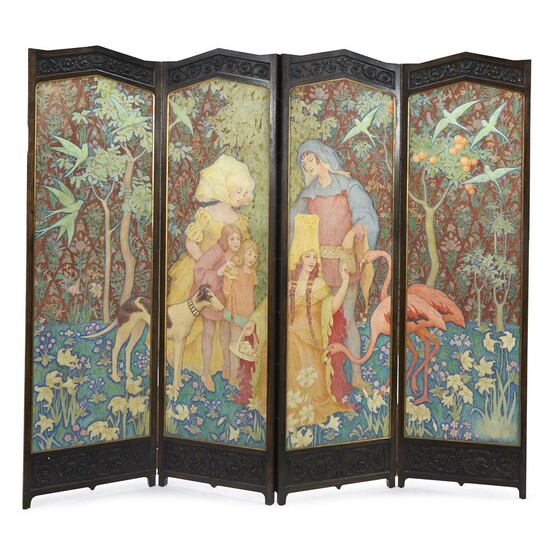 An Arts & Crafts style figural painted wood screen...