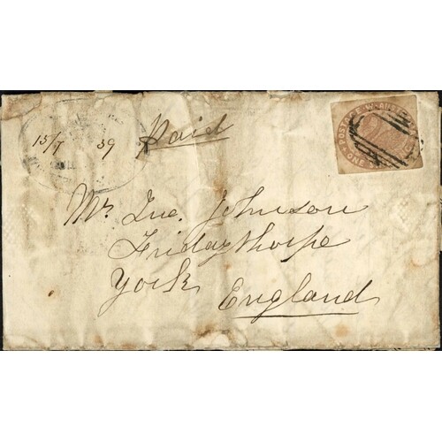 1/- IMPERF SOLO FRANKING TO ENGLAND; Rare 15 July 1859 EL (p...