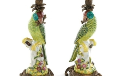 Chinese metal-mounted porcelain parrot-form candleholders (4pcs)