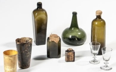 Five Early Bottles, Two Horn Cups, and Two Wineglasses