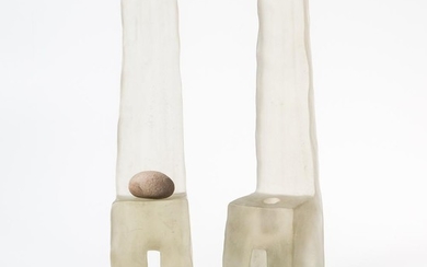 Naomi Shioya Natural Art Glass Sculpture, Japan, 2006, cast glass and stone, whole in piece on right is meant to hold a branch, each si