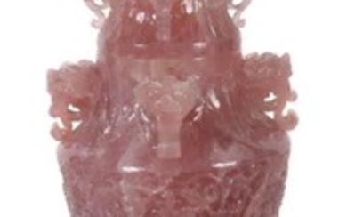 A large Chinese rose quartz vase and cover
