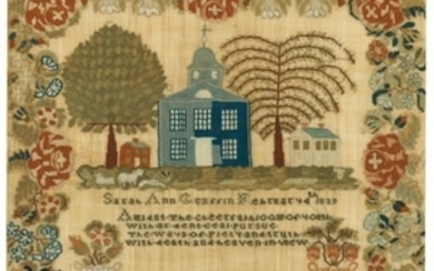 A SILK- AND WOOL-ON-LINEN NEEDLEWORK SAMPLER DEPICTING A BLUE CHURCH, WROUGHT BY SARAH ANN GRAFFIN (1826-1911), LEHIGH VALLEY, PENNSYLVANIA, DATED 1839