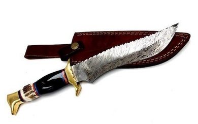 13" Inlaid Wood Handle Damascus Hunting Knife With