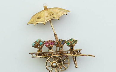 14K YELLOW GOLD AND VARIOUS COLOR GEMSTONE FLOWER CART DESIGN...
