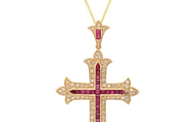 14K Yellow Gold Setting with 2.25ct Ruby and 1.42ct Diamond Cross Pendant