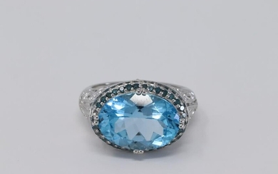 14KT White Gold Blue Diamonds and Blue Topaz Ring