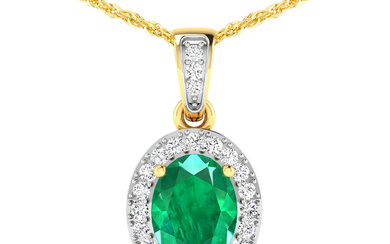 14KT Yellow Gold 1.00ct Zambian Emerald and Diamond Pendant with...