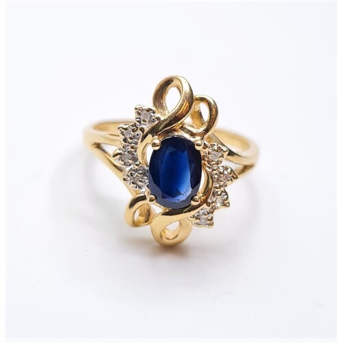 14ct yellow gold diamond & sapphire fancy cluster ring, weig...