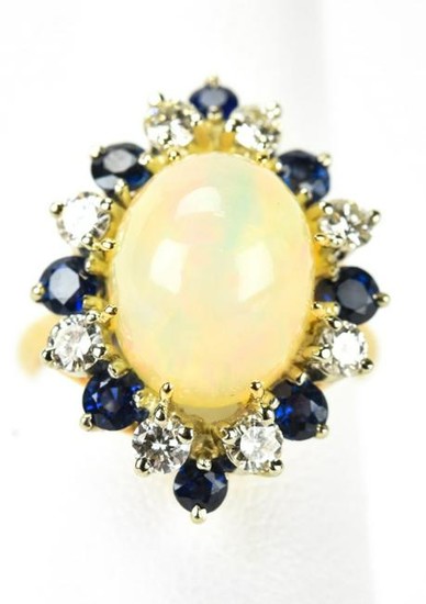 14kt Gold Opal Cabochon Sapphire Diamond Ring
