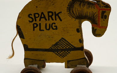 Antique Wood Barney Google Spark Plug Pull Toy