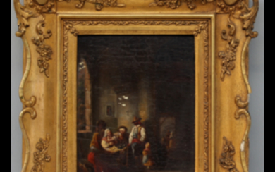 Artista del secolo XIX "Interno con figure" olio su tavola (cm 21,5x18) in cornice (difetti)