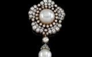 A cultured pearl and old-cut diamond brooch