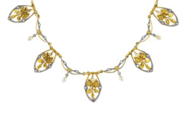 An early 20th century 18ct gold seed pearl and diamond necklace. View more details