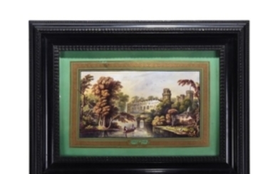 An English porcelain green-ground and gilt rectangular tray mounted as a plaque and painted with a titled view of Warwick Castle