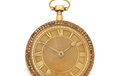 A gilt metal, enamel and pearl set key wind open face repeating pocket watch