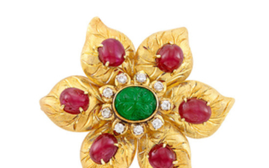 Gold, Carved Emerald, Cabochon Ruby and Diamond Flower Pendant-Brooch, Trio