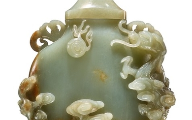 A GREEN JADE 'DRAGON' MOONFLASK AND COVER 17TH / 18TH CENTURY
