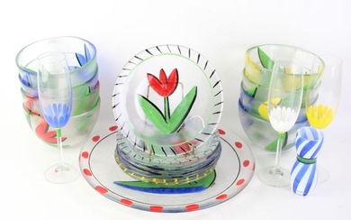 Kosta Boda 'Tulip' Glass Hand Painted Dinner/Breakfast Service For Eight Persons