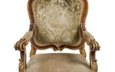 A Louis XV Style Painted and Parcel Gilt Fauteuil