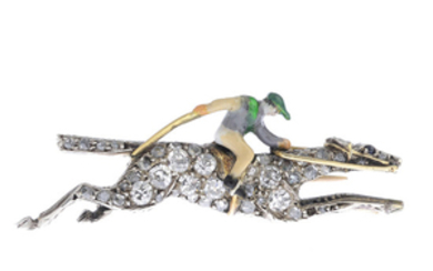A mid 20th century enamel, diamond and sapphire horse and jockey brooch.