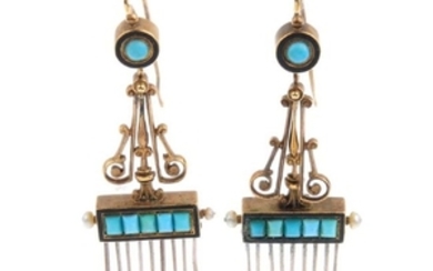 A pair of mid Victorian gold gem-set earrings. Each
