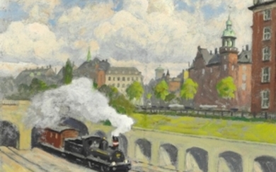 Paul Fischer: Locomotive at Jarmers Plads and H. C. Andersens Boulevard in Copenhagen. Signed Paul Fischer. Oil on mahogany. 20 x 25 cm.