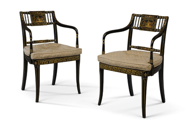 A PAIR OF REGENCY PARCEL-GILT AND EBONISED CHINOISERIE ARMCHAIRS, EARLY 19TH CENTURY AND REDECORATED