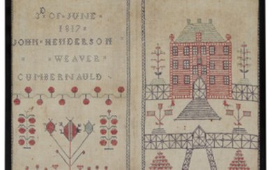A SCOTTISH EMBROIDERED SAMPLER DATED 1817 with polychrome house...