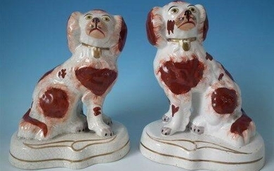 Pair Staffordshire spaniels on gilt decorated bases