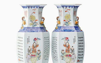 A pair of tall and unusual Chinese famille rose vases