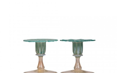 Pair Tiffany Favrile Glass Morning Glory Candlesticks