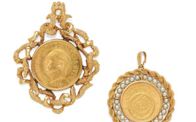 Two gold coin, cultured pearl and 14K gold pendants