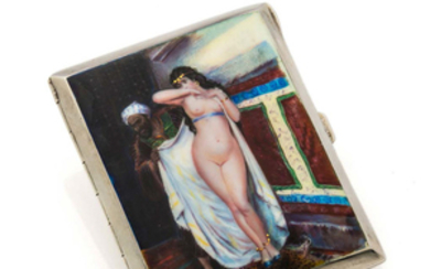UNSIGNED CIGARETTE CASE ENAMEL SILVER A fine 935 silver cigarette case with enamel painting.