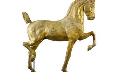 VERY FINE MOLDED FULL BODIED GILT SHEET COPPER AND ZINC HACKNEY HORSE WEATHERVANE, DUBUQUE, IOWA, CIRCA 1880