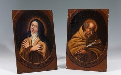 17th century French school. "Saint Teresa and Saint John of the Cross". Pair of oil paintings on