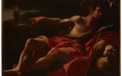 17th/18th Century European School, A young John the Baptist reclining with a lamb pointing to Jesus