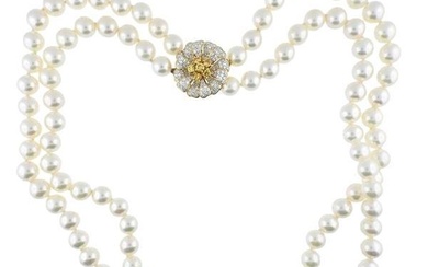 18k Gold Fancy White Diamond Pearl Two Strand Necklace