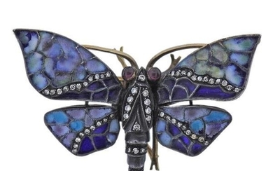 18k Gold Silver Enamel Ruby Diamond Butterfly Brooch