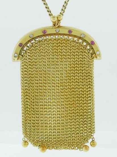 18k Yellow Gold Mesh Coin Purse with Ruby and Diamond