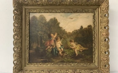 19-20th Century Whimsical Cherubs Oil on Board Painting