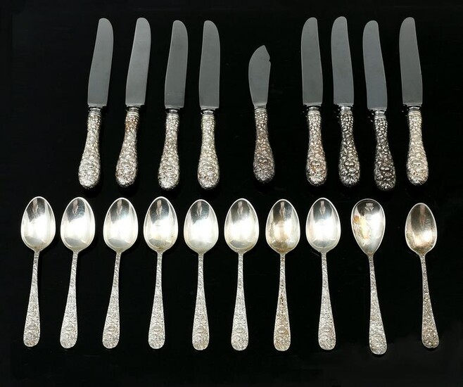 19 PC. STIEFF REPOUSSE STERLING SILVER SPOONS & KNIVES