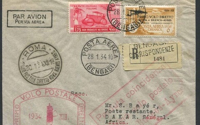 1934, Cirenaica, “Primo Volo Postale diretto – Roma-Buenos Ayres”, + bollo in cartella grande “Perduta Coincidenza – primo volo postale Roma-Buenos Ayres”