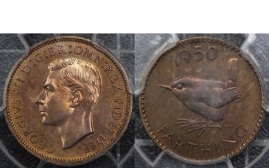 1950 Proof farthing, PCGS PR64RB. George VI. Unevenly toned,...