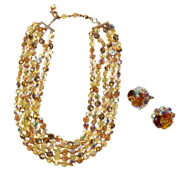 1950s Crystal Jewelry - 5 Strand Choker, Earrings