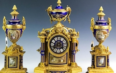 19C French Enamel Dore Bronze Clock & Urn Garniture Set